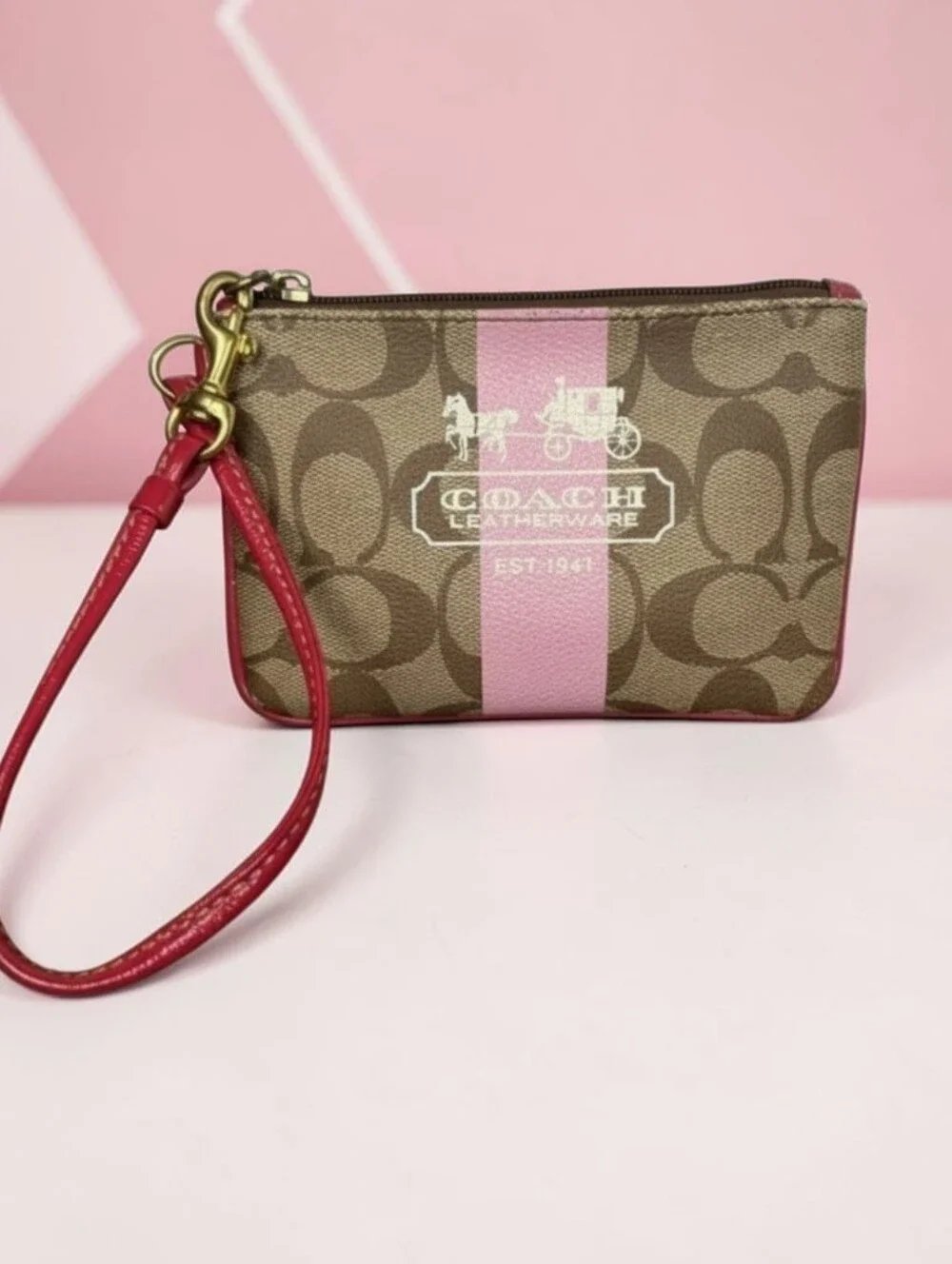 COACH Signature Canvas Wristlet in Brown & Pink Tattersall Lining Red Strap